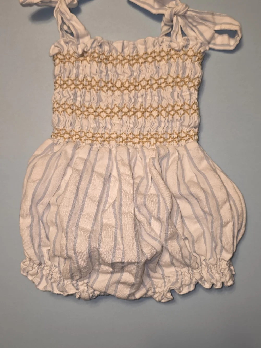 LIILU Striped Smocked Baby One-Piece Romper in White and Light Blue 6 Months